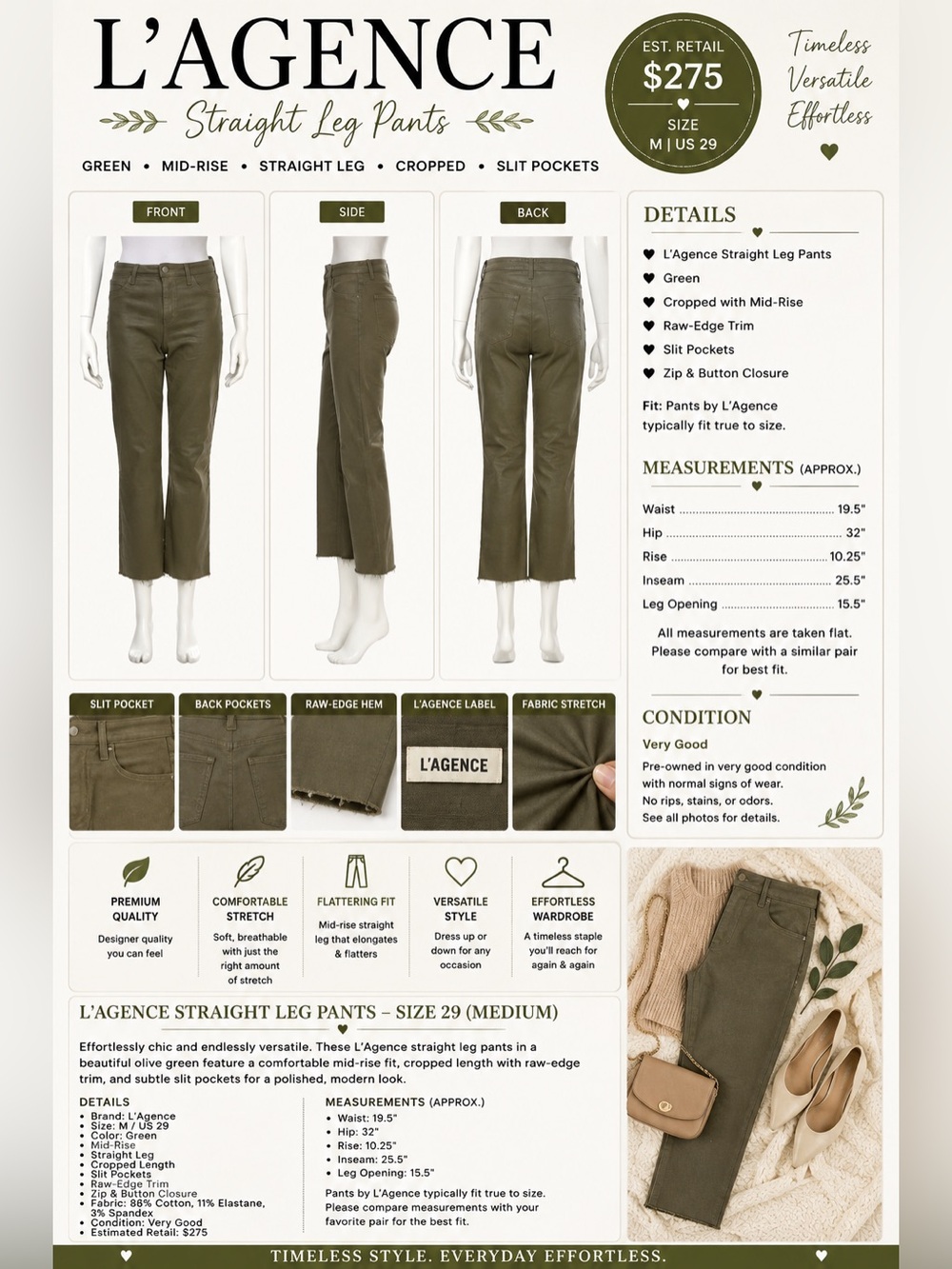 L'AGENCE Olive Green Straight Leg Pants